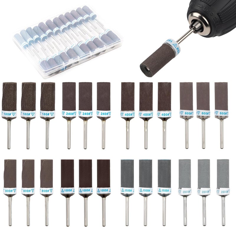 Funria 24Pcs Sanding Drums Sandpaper Sticks Set for Dremel Rotary Tools with 1/8"(3mm) Shank, 180/240/400/600/800/1000/1500/2000 Grits Sanding Bits for Wood Plastic Metal Rust Removal Polishing and Grinding - Image 1